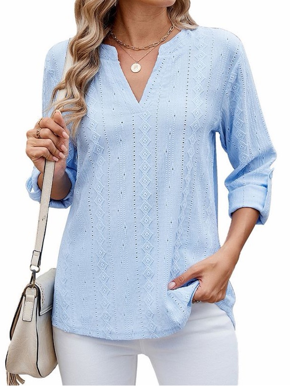 Light Blue Eyelet V-Neck Tunic Top
